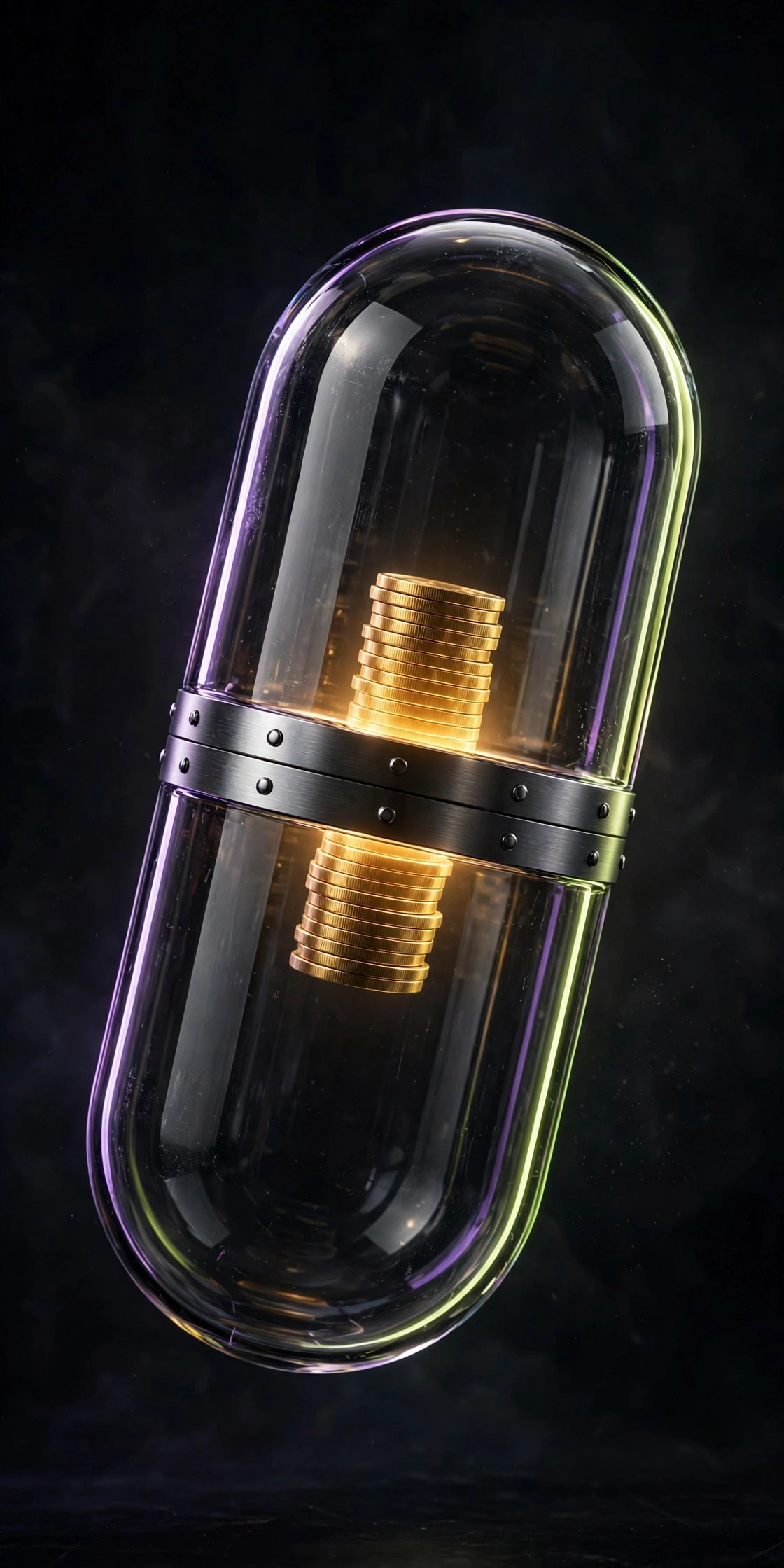 Capsule NFT artwork: a glass capsule holding a stack of gold coins